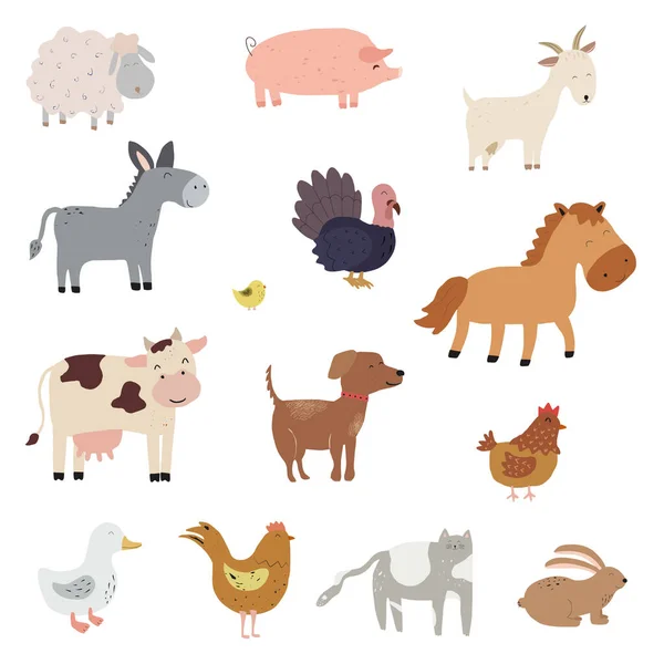 Set Cartoon Farm Animals Collection Funny Pets Different Stylized Domestic — Stock Vector