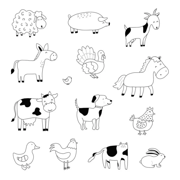 Set Cartoon Farm Animals Collection Outline Stylized Domestic Animals Vector — Stock Vector