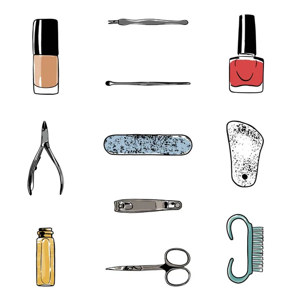 Collection Various Manicure Accessories Equipment Tools Icons Nail Scissors Nail — Stock Vector