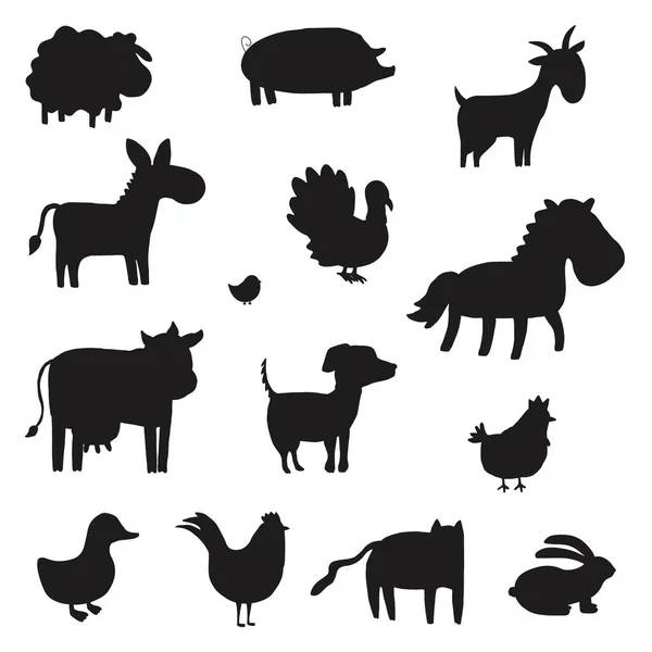 Bir Grup Çiftlik Hayvanı Silueti Siyah Renkli Evcil Hayvan Koleksiyonu — Stok Vektör