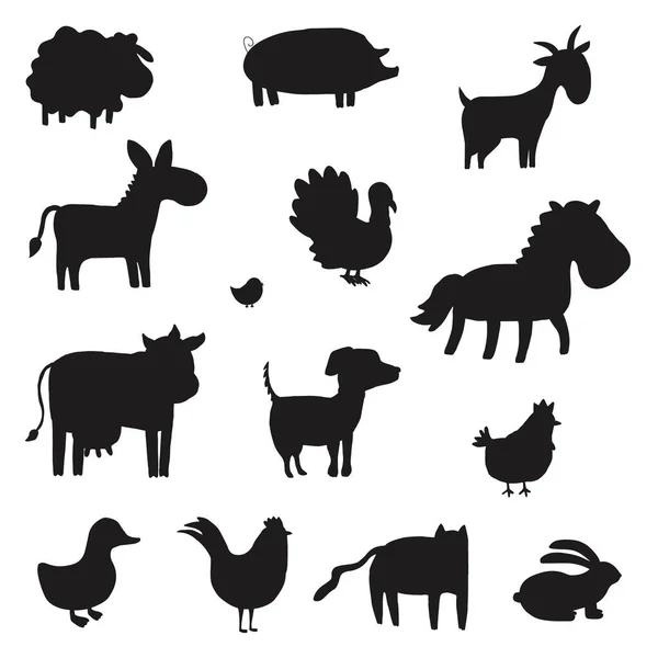 Ensemble Silhouette Animaux Ferme Collection Animaux Domestiques Couleur Noire Illustration — Image vectorielle