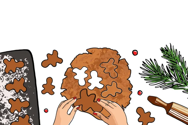 クリスマスベーカリー ジンジャーブレッドを作る女性 ジンジャーブレッド生地のクッキーをカット 上からのビュー お祭りの食べ物 調理プロセス 家族料理 クリスマスと空のスペースと新年のベクトルバナー — ストックベクタ