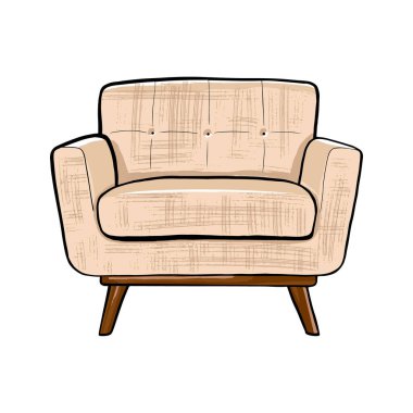 Klasik modern bej koltuk, ahşap bacaklar, beyaz arka planda izole edilmiş sırt örtüsü. Şık, rahat bir koltuk. Mobilya, iç nesne vektörü izole edildi. Bebek koltuğu.