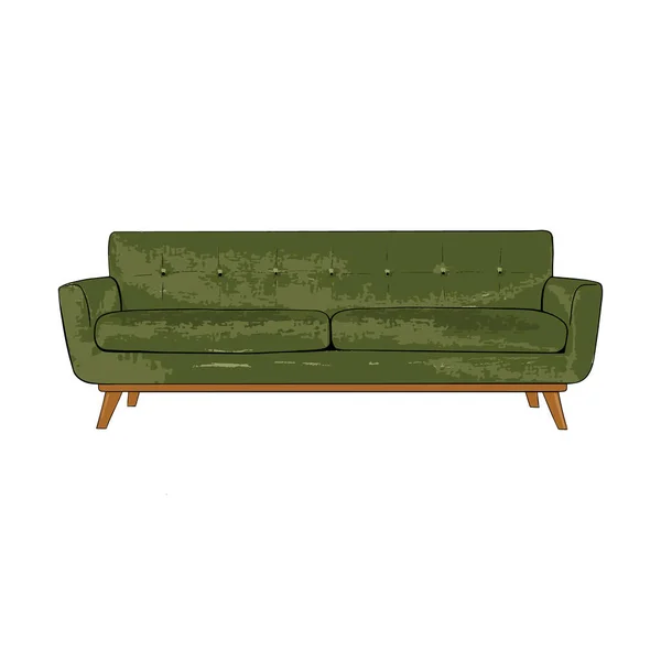 Klassisch Modernes Grünes Sofa Mit Holzbeinen Gesteppte Rückenlehne Isoliert Auf — Stockvektor
