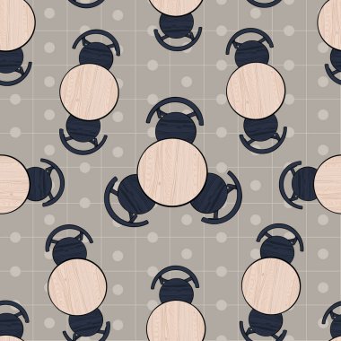 Sandalyeler ve sehpa düz dizaynlı kusursuz desen. Yemek masası sandalyesi izole, mobilya, kahvehane içi ve kafeterya mobilyaları kapalı mekan vektör illüstrasyonu. Tahta sandalyeler ve masa.