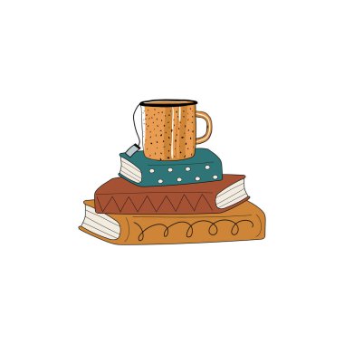 İçinde çay fincanı düz vektör çizimi olan bir yığın kitap. Renkli kapaklı ciltli kitaplar. Tatil, okur yazarlık, kütüphane, okuma, eğitim, öğretim, öğrenme kavramı için beyaza izole edilmiş tasarım.