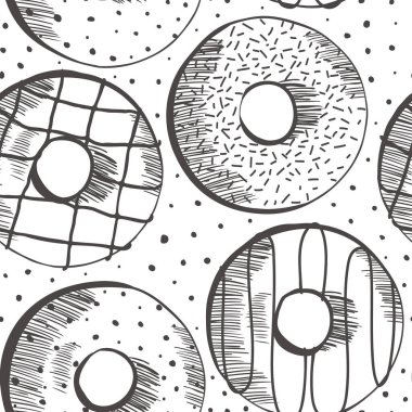 Beyaz arka planda izole edilmiş lezzetli donutları olan kusursuz bir desen. Top View Doughnuts koleksiyonu menü tasarımı, kafe dekorasyonu, teslimat kutusu için jöleye dönüşür. Düz biçimli vektör illüstrasyonu