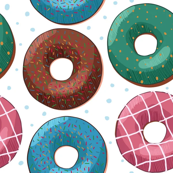 Padrão Sem Costura Com Donuts Coloridos Isolados Fundo Branco Top — Vetor de Stock