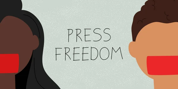 Basın özgürlüğü kavramı. Genç gazetecilerle internet afişi ve Basın Özgürlüğü mesajı. Siyasi gösterim fikri. Düz vektör illüstrasyonu