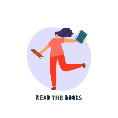 Elinde kitap tutan genç bir bayanın tebrik kartı. Kitap aşığı, okuyucu, edebiyat hayranı beyaz arka planda izole edilmiş modern bir illüstrasyon. Vektör