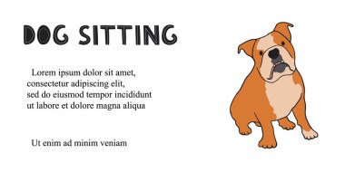 Köpekli internet afişi ve köpek oturması mesajı. İş, tatil ve çocuk bakımı kavramı. Moda düz vektör illüstrasyonu