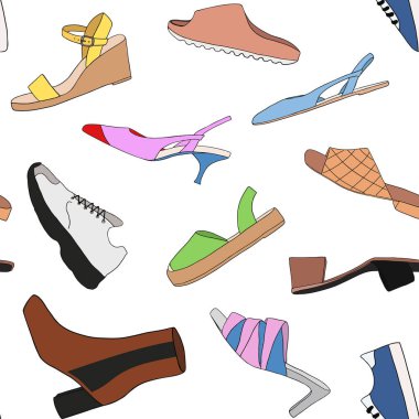 Beyaz arka planda farklı tip modern moda kadın ayakkabılarına sahip kusursuz desenler. Modaya uygun ve şık ayakkabı konsepti. Yazdırma için renkli düz vektör çizimi