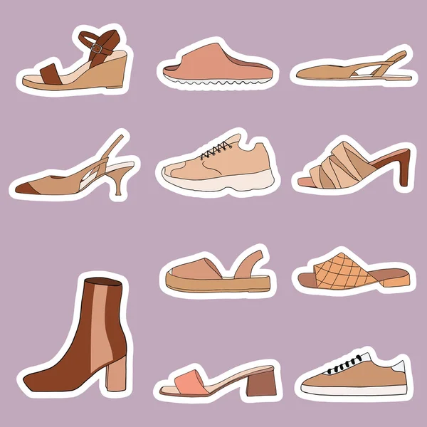 Big Collection Stickers Different Types Modern Trendy Women Shoes Fashionable — Stock Vector