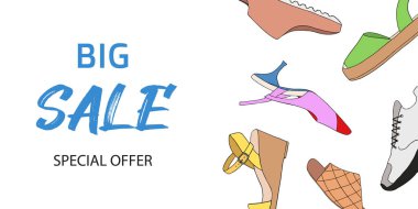 Farklı tip modern moda kadın ayakkabıları ve beyaz arka planda metni olan internet afişi. Modaya uygun ve şık ayakkabı konsepti. Renkli düz vektör çizimi