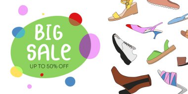 Farklı tip modern moda kadın ayakkabıları ve beyaz arka planda metni olan internet afişi. Modaya uygun ve şık ayakkabı konsepti. Renkli düz vektör çizimi