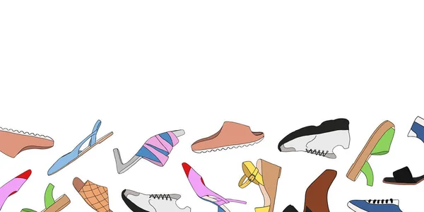网页横幅与不同类型的现代流行女鞋和空白的白色背景 时尚和时尚的鞋子概念 彩色平面矢量插图 — 图库矢量图片