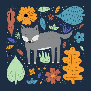 Sevimli kurt eli düz çizilmiş. Mavi arka planda yaprakları ve çiçekleri olan sevimli orman hayvanı. Yaratıcı çocuksu t-shirt baskısı tasarımı