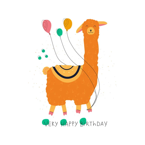 Hand Drawn Colorful Kids Birthday Greeting Card Template Cute Alpaca — Stock Photo, Image