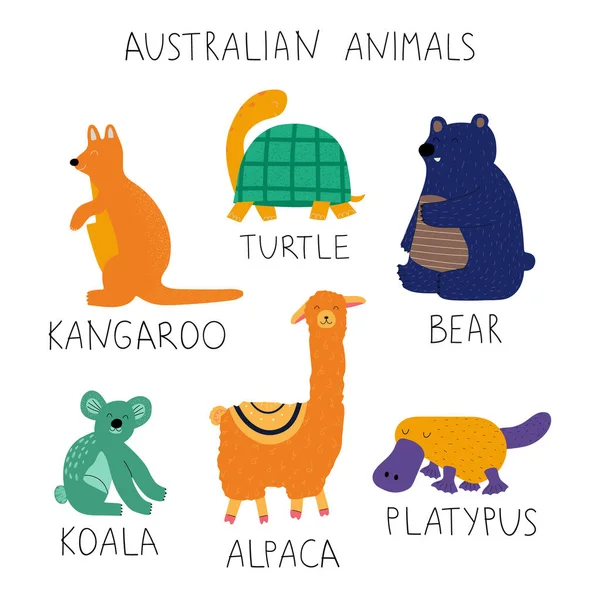 Kézzel Rajzolt Színes Ausztrál Állatok Gyűjteménye Nevekkel Kids Style Sablon — Stock Fotó