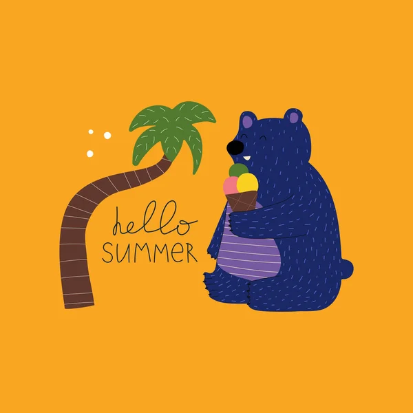 Urso Colofrul Desenhado Mão Com Sorvete Cotação Verão Design Bonito — Fotografia de Stock