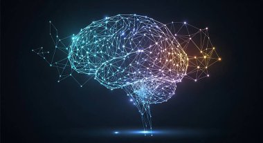 Sinir ağlarını ve bilişsel süreçleri temsil eden birbirine bağlı düğüm ve çizgilerle oluşturulmuş bir beyni gösteren canlı bir dijital illüstrasyon.