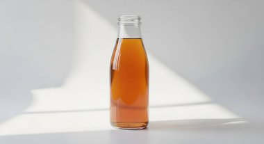 Beyaz kapaklı berrak bir cam şişe, yumuşak gölgeli, düz beyaz bir zemin üzerine kurulmuş altın-kahverengi bir sıvıyla doldurulur..