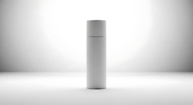 Parlak, nötr bir stüdyo ortamında beyaz bir sprey şişesi bulunan temiz, minimalist bir maket. Kozmetik veya temizlik ürünleri tasarımlarını sergilemek için ideal.