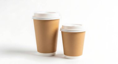 İki kullan-at kahve fincanı, biri büyük diğeri küçük, beyaz bir yüzeyde yan yana, ikisi de beyaz kapaklı..