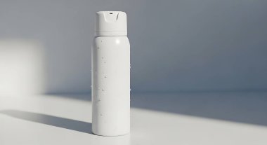 Beyaz bir zemin üzerinde beyaz bir sprey sprey şişesinin yakın plan çekimi. Arka planda gölgeler var..