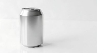 Tek bir markasız gümüş alüminyum kutu temiz beyaz bir arkaplan karşısında çekilir ve basit formunu vurgular..