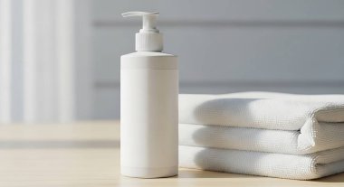 Temiz ve minimalist bir kompozisyon. Beyaz bir losyon şişesinin yanında beyaz katlanmış havlular var. Nazikçe, doğal ışıkla yıkanmış..