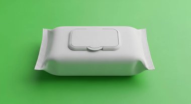 Temiz, beyaz bir bebek bezi paketi canlı yeşil bir arka planda durur. Bebek bakımı için temizlik ve hijyeni ön plana çıkarır..