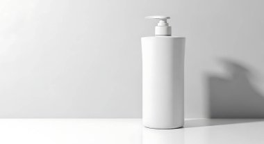 Temiz ve basit bir beyaz pompa şişesi, sade beyaz bir duvara yumuşak bir gölge düşürüyor, saflık ve modern tasarım hissi uyandırıyor..