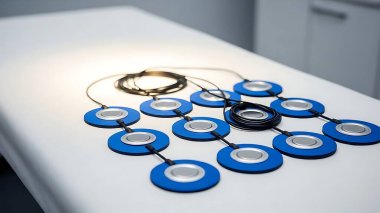 Tıbbi elektrotların yakın plan çekimi, dairesel bir düzende, beyaz bir muayene masasında dinleniyor, tıbbi ya da bilimsel bir ayar olduğunu gösteriyor..