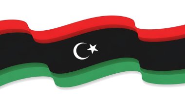 Libya ulusal bayrağı kırmızı, siyah ve yeşil renklerle dalgalanıyor ve hilal yıldızı amblemi