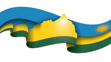 Ruanda haritasının dalgalı bayrak renkleri ve ulusal amblemi