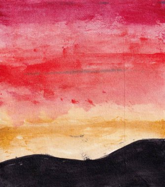 Güzel turuncu gökyüzünün arkaplanını resmetmek için kağıt üzerinde akrilik boya kullanılır.