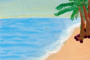 Palmiye ağaçları ve akrilik boya kullanarak mavi gökyüzü olan güzel bir sahil resmi.