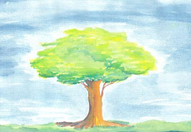 Kalın ve güçlü bir ağacın, suluboya boya kullanarak soyut tarzda mavi bir arkaplan çizimi..