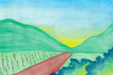 Dağ manzaralı suluboya resim güzel gün doğumu gökyüzü