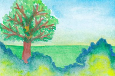 Ağaçlar ve çalılarla dolu bir tarlada suluboya manzara resmi