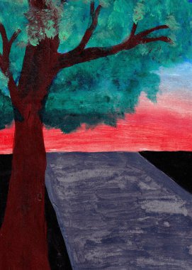 Yol kenarındaki bir ağacın akrilik resmi. Arka planda güzel bir akşam gökyüzü var..