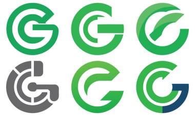 Çeşitli modern ve soyut şekillerde G harfini içeren altı farklı logo tasarımının bir koleksiyonu, öncelikle yeşil tonlarda ve tek bir gri seçenekle.
