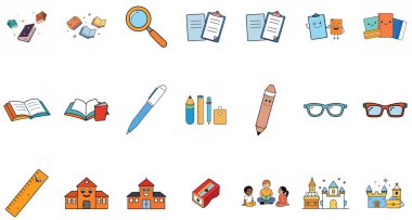 Okul gereçleri, sanat aletleri ve eğitici nesnelerden oluşan renkli bir çeşitlilik, öğrenme ve yaratıcılığı ortaya koyuyor.