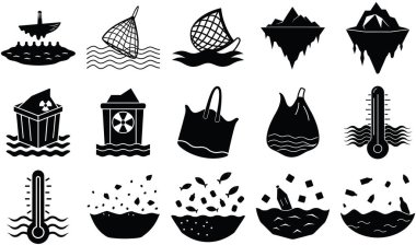 Eriyen buzullar, kirlilik ve yükselen sıcaklıklar gibi çevresel sorunları gösteren siyah ve beyaz grafik simgelerinin yanı sıra umut sembolleri..