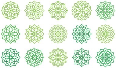 Beyaz bir arka planda sunulan, yeşilin değişik tonlarında 15 karışık mandala deseni..