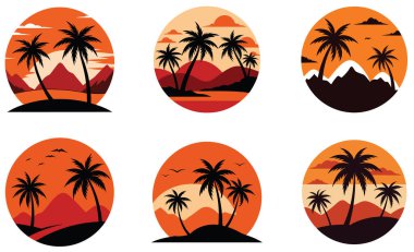 Siluetli palmiye ağaçları ve dağları içeren altı oval resimden oluşan bir derleme sıcak, tropikal renklerde günbatımı gökyüzüne karşı.