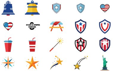 Özgürlük Çanı, kalpler, kalkanlar, yıldızlar ve içecekler de dahil olmak üzere çeşitli Amerikan sembolleri vatanseverlik teması için mükemmel..