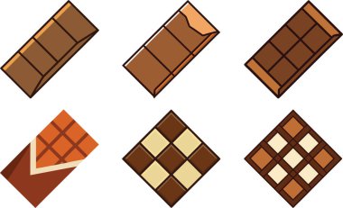 Altı farklı çikolata, kahverengi ve segmentli tasarımların çeşitli tonlarını gösteren, eğlenceli, el çizimi bir tarzda tasvir edilir..