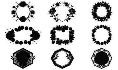 Çiçek çelenkleri, çerçeveler ve beyaz arkaplanda botanik elementlerle süslenmiş dokuz farklı siyah siluet tasarımı.